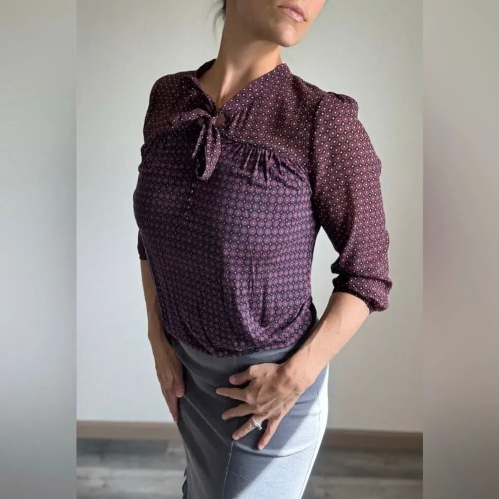 LOFT Blouse Bow Collar Top Preppy Navy Wine XS Relaxed Fit - Picture 2 of 10
